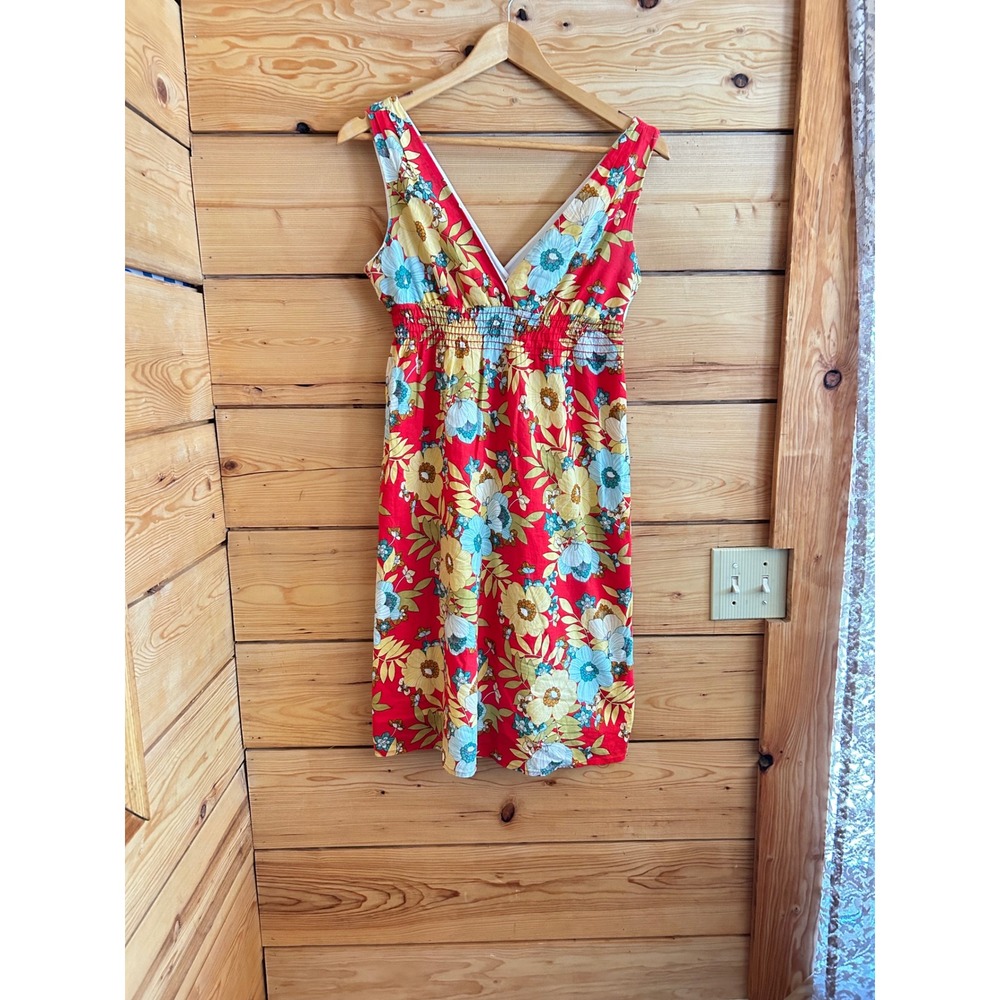 Red Floral V-Neck Smocked Empire Waist Summer Sun Dress Sleeveless Boho